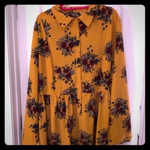Mustard and Floral Print Skater Collar Dress